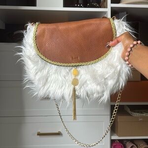 Brown and White Faux Fur Shoulder Bag